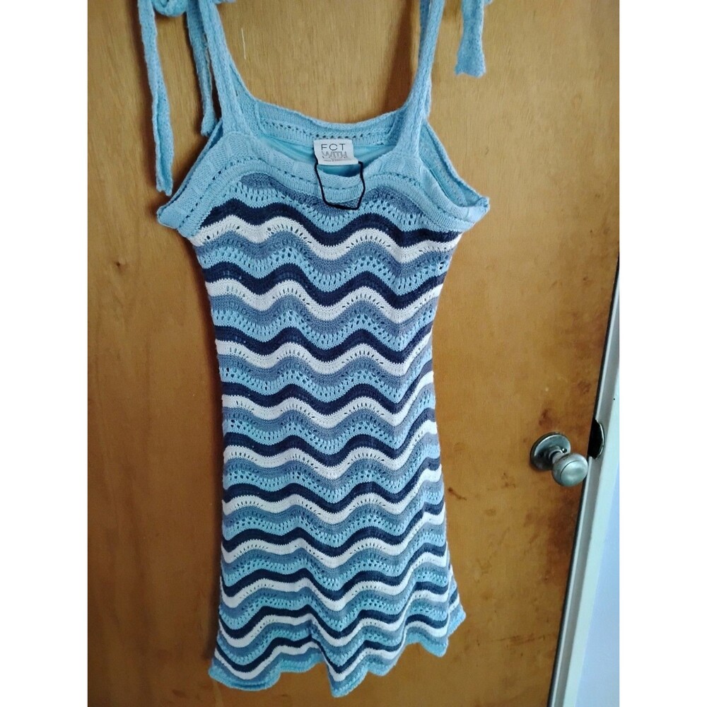 FCT With Love Crochet Blue White Wavy Striped Tie Shoulder Mini Dress Size Small